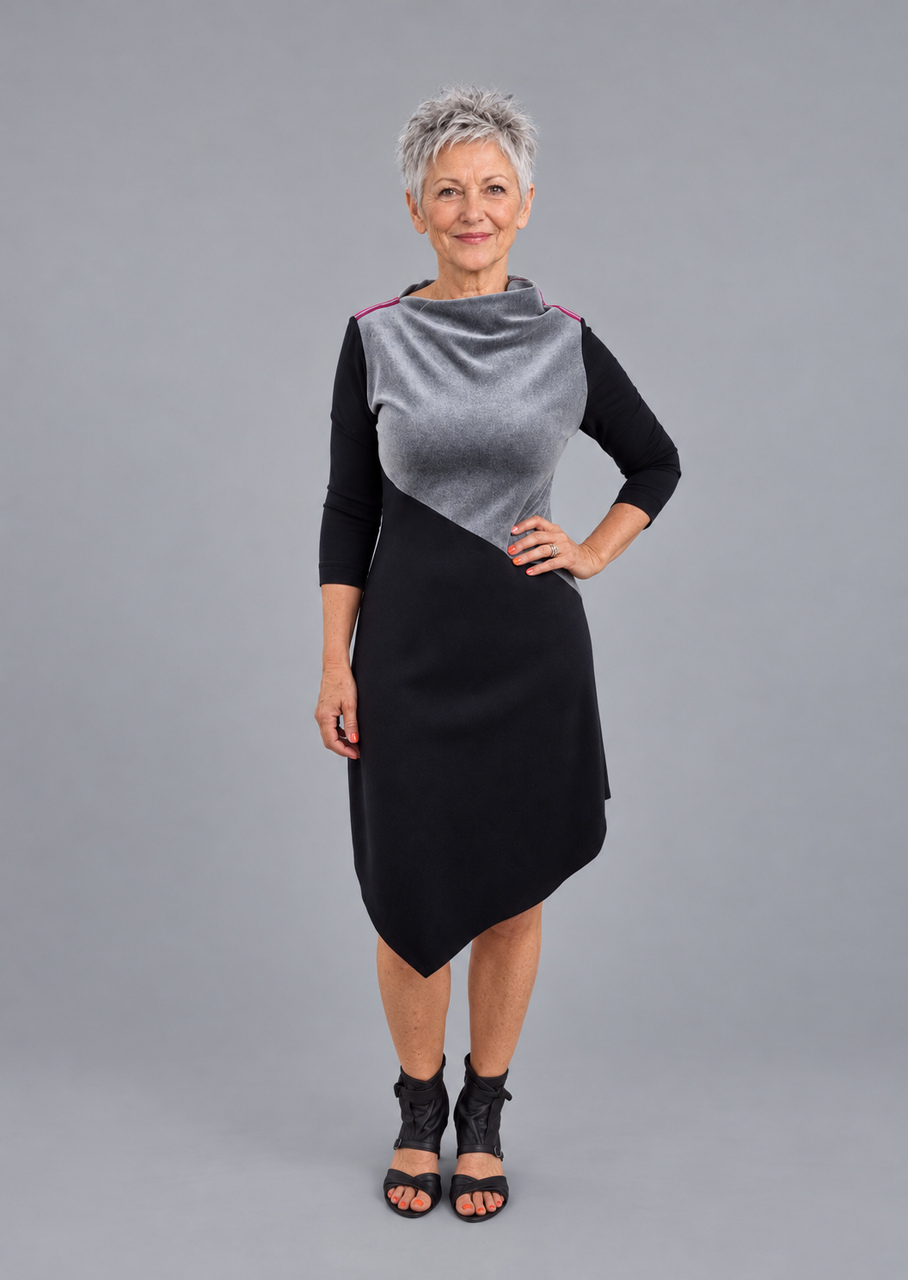 Asymmetrisk kjole med velour – sort/grå