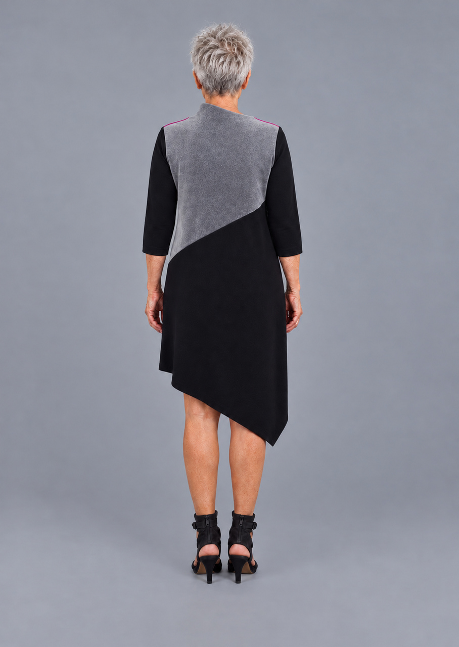 Asymmetrisk kjole med velour – sort/grå set bagfra