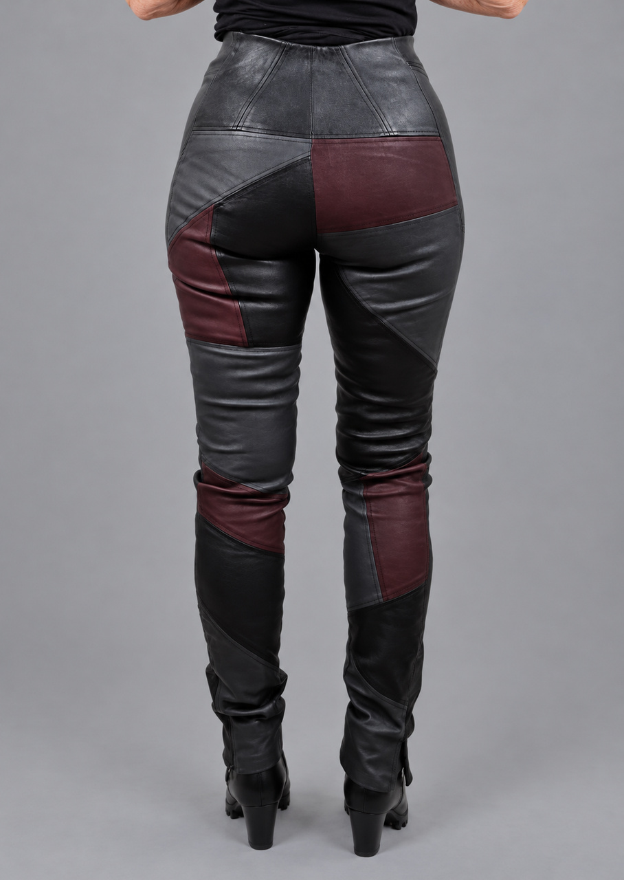 Skindbukser med patchwork og stretch