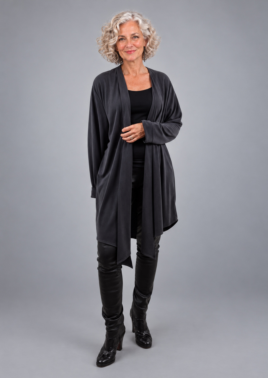 Lang cardigan i cupro – sandvasket sort