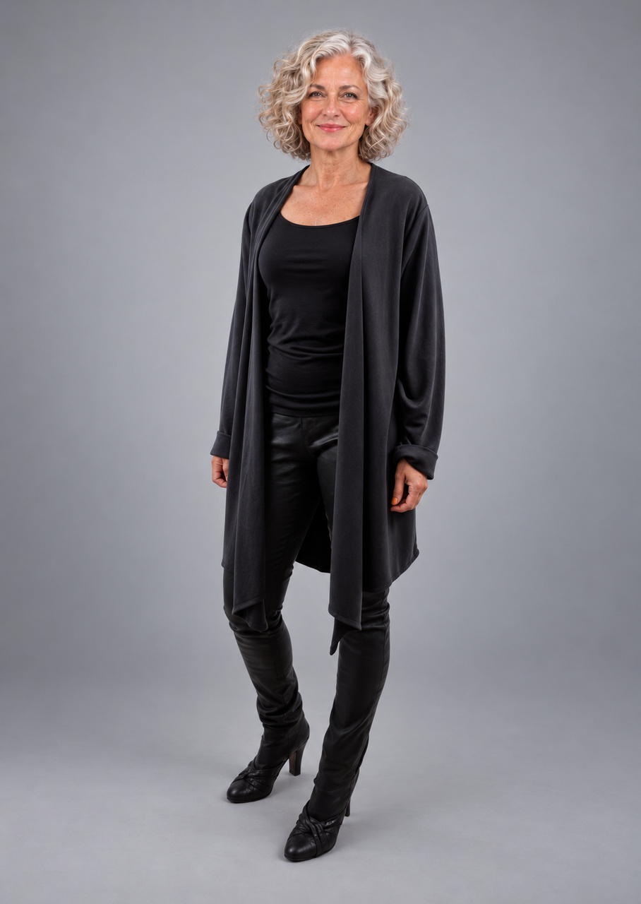 Lang cardigan i cupro – sandvasket sort