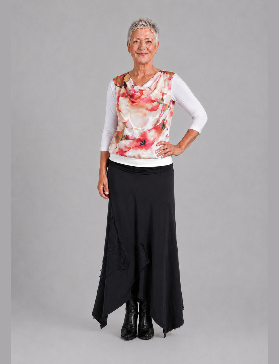 Pink/oliven silkebluse med vandfald - Billede 2