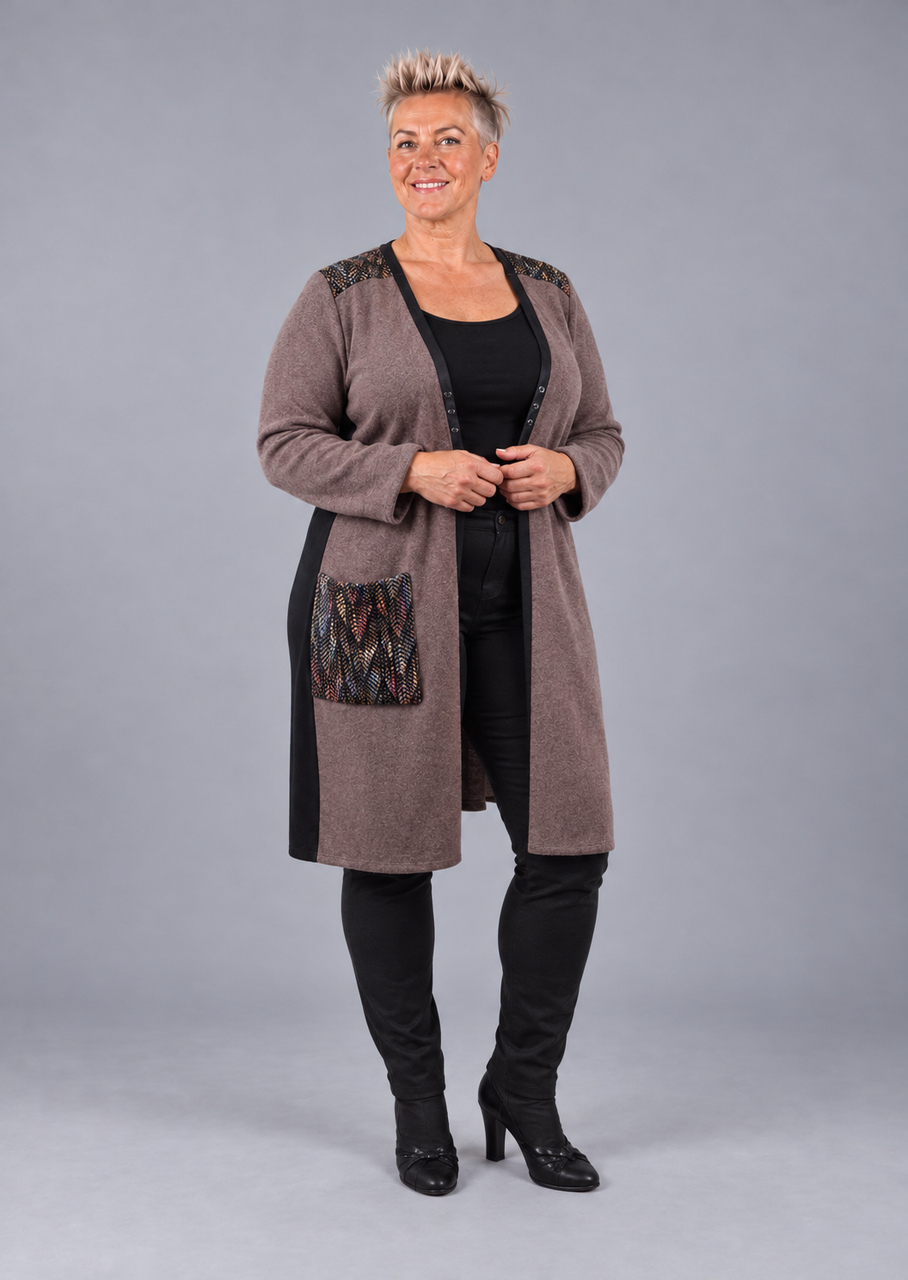 Lang uldcardigan i gråbrun med tweed - Billede 4