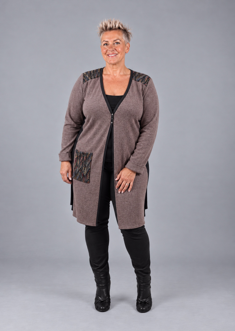 Lang uldcardigan i gråbrun med tweed - Billede 2