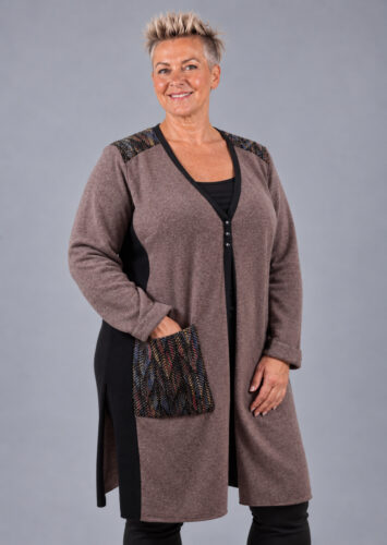 Lang uldcardigan i gråbrun med tweed