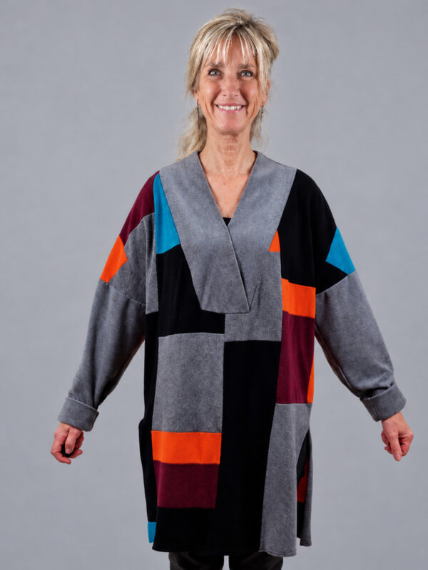 Patchwork tunika i grå/turkis/orange