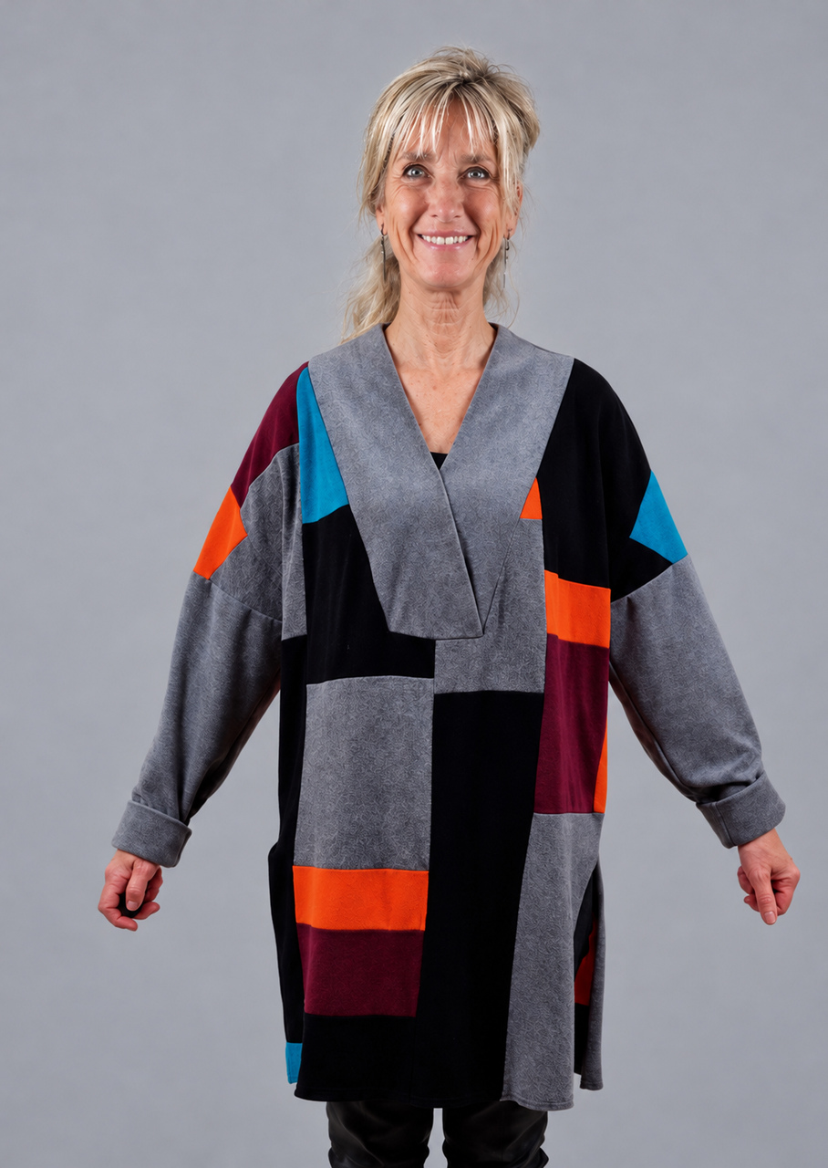 Patchwork tunika i grå/turkis/orange