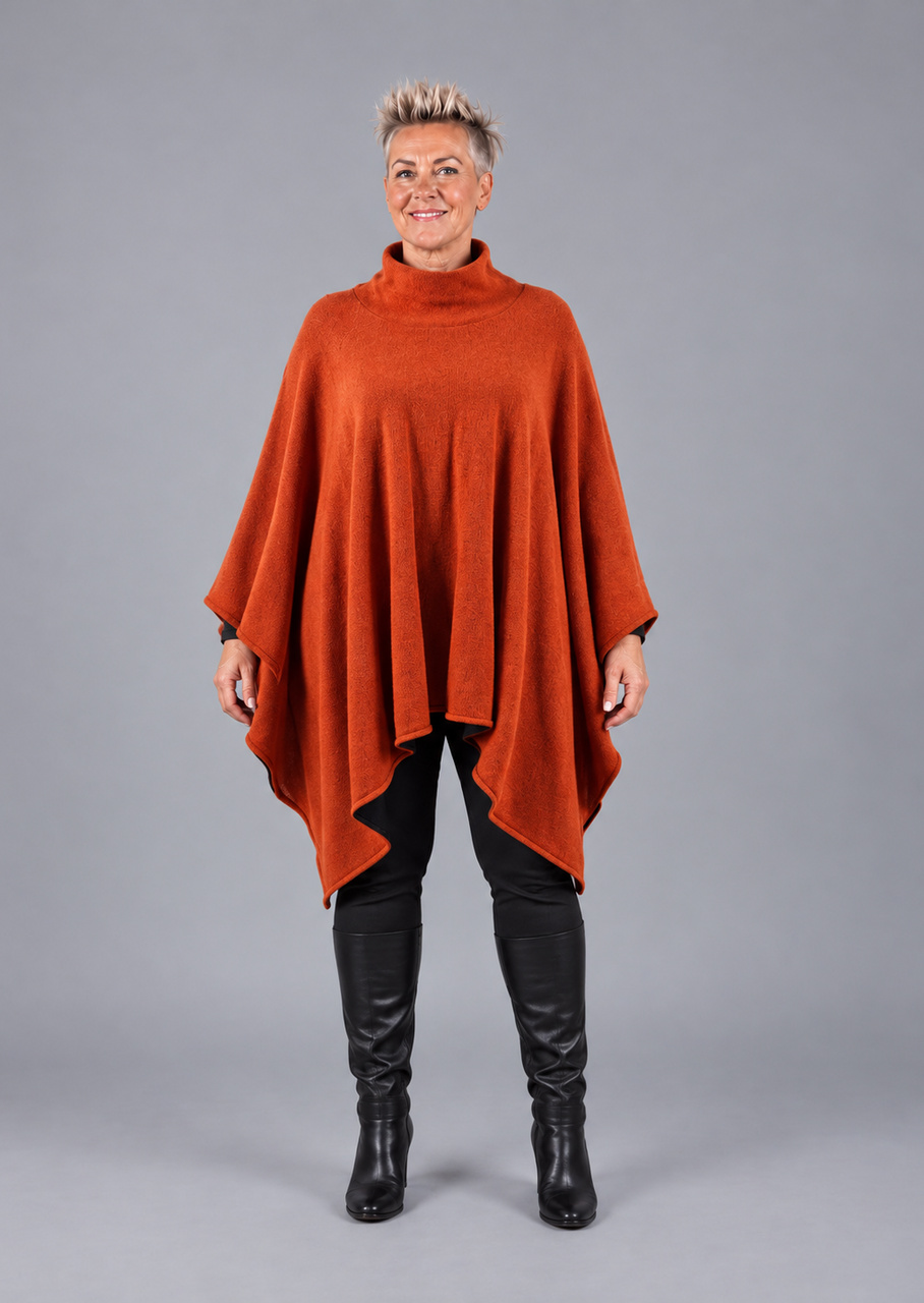 Vendbar uldponcho i orange/sort - Billede 5
