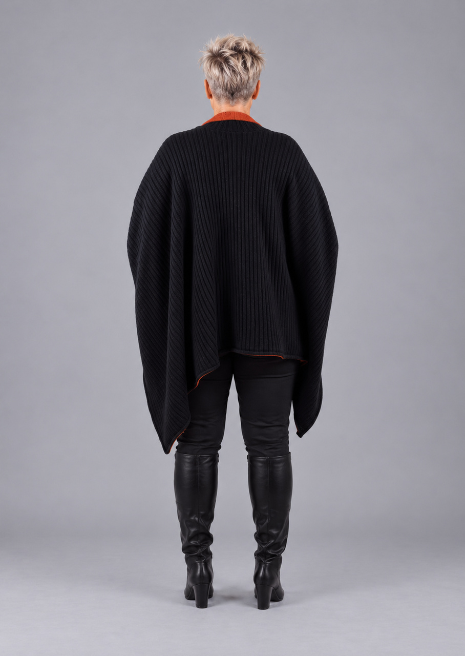 Vendbar uldponcho i orange/sort - Billede 4