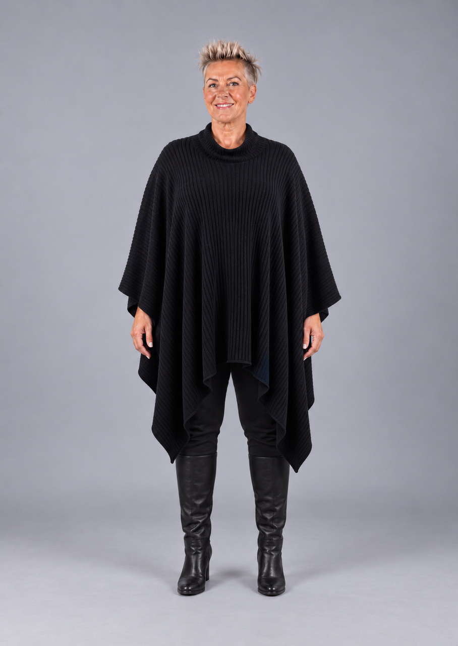 Vendbar uldponcho i orange/sort - Billede 3