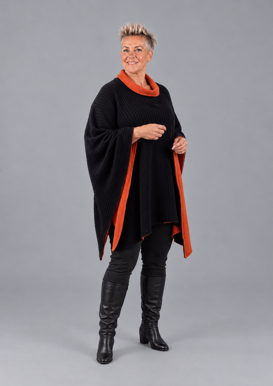 Vendbar uldponcho i orange/sort