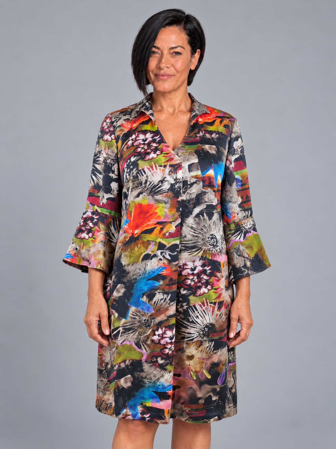 Silkekjole med skinddetaljer multicolor - Billede 2