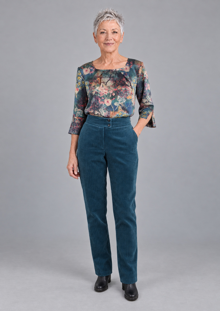 Eventyrlig silkebluse med blomster i hel figur