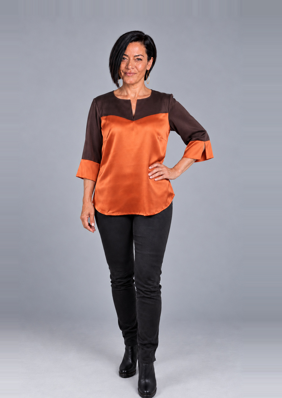 Silkebluse bådudskæring orange/brun - Billede 6