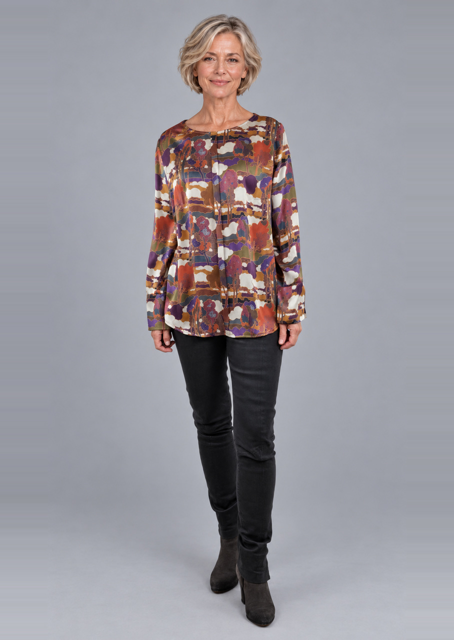 Multicolor silkebluse med bådudskæring - Billede 3