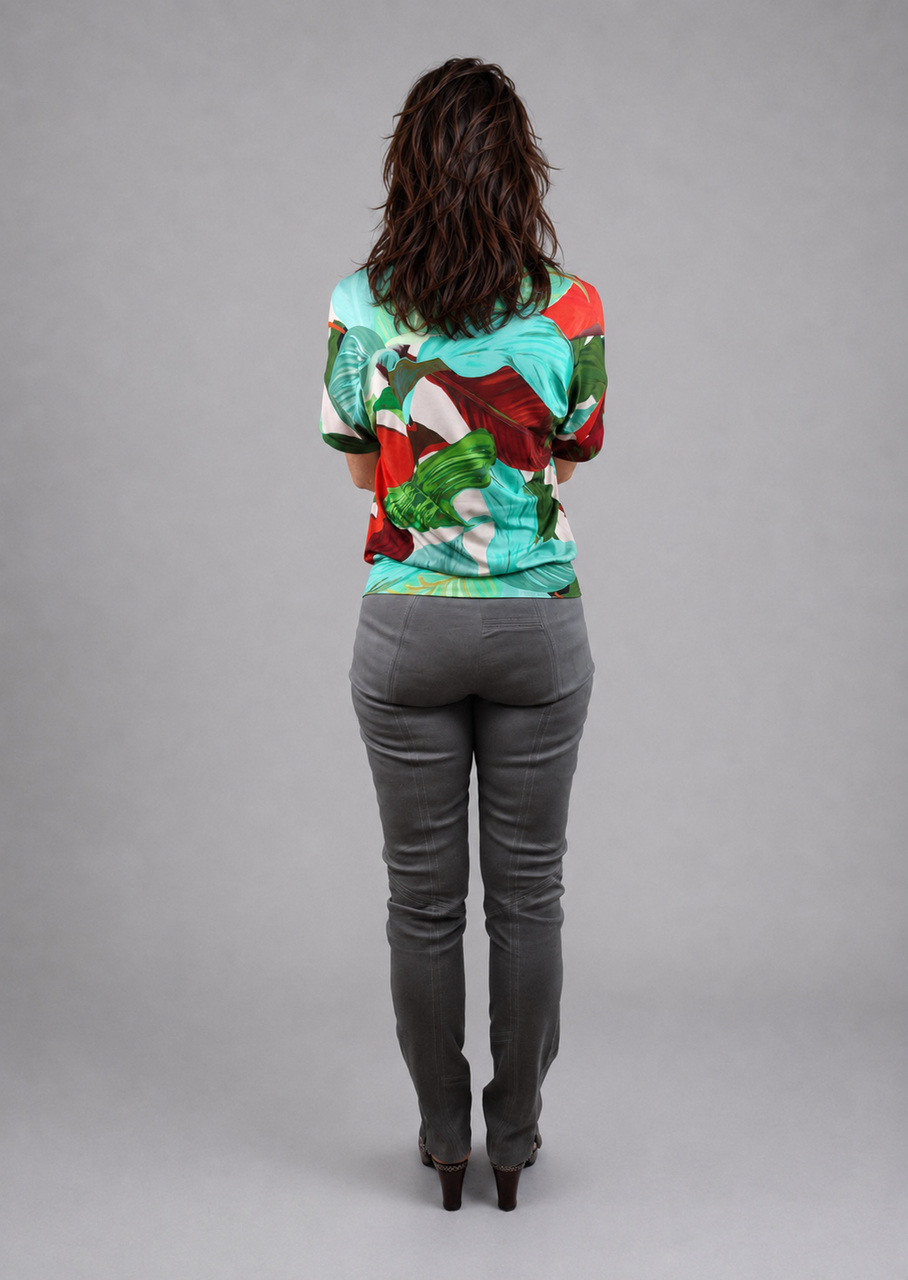 Tyrkisgrøn rød jersey bluse m bladprint - Billede 2