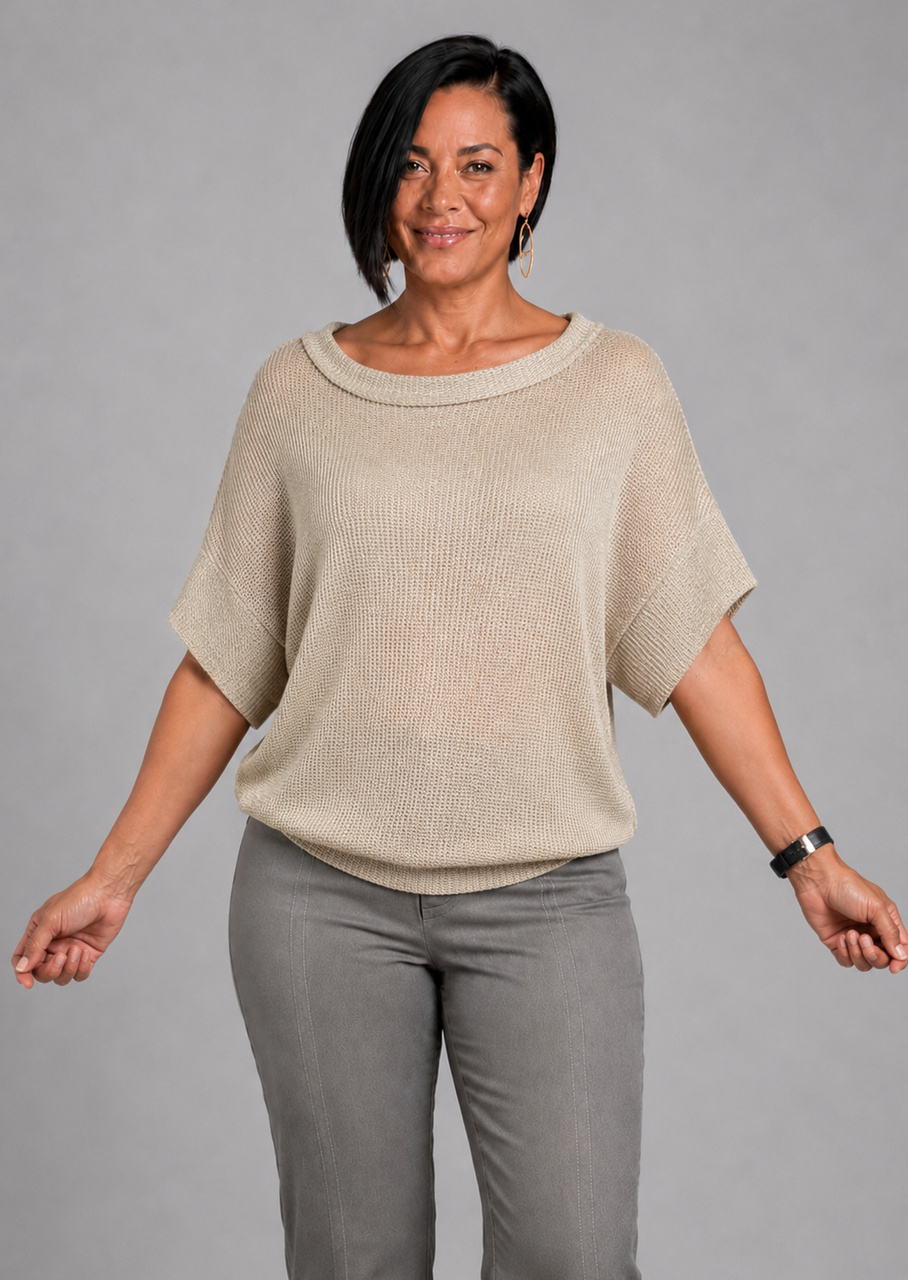 Elegant guld strik bluse m bådudskæring, set forfra