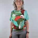 Tyrkisgrøn rød jersey bluse m bladprint