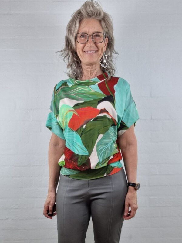 Tyrkisgrøn rød jersey bluse m bladprint