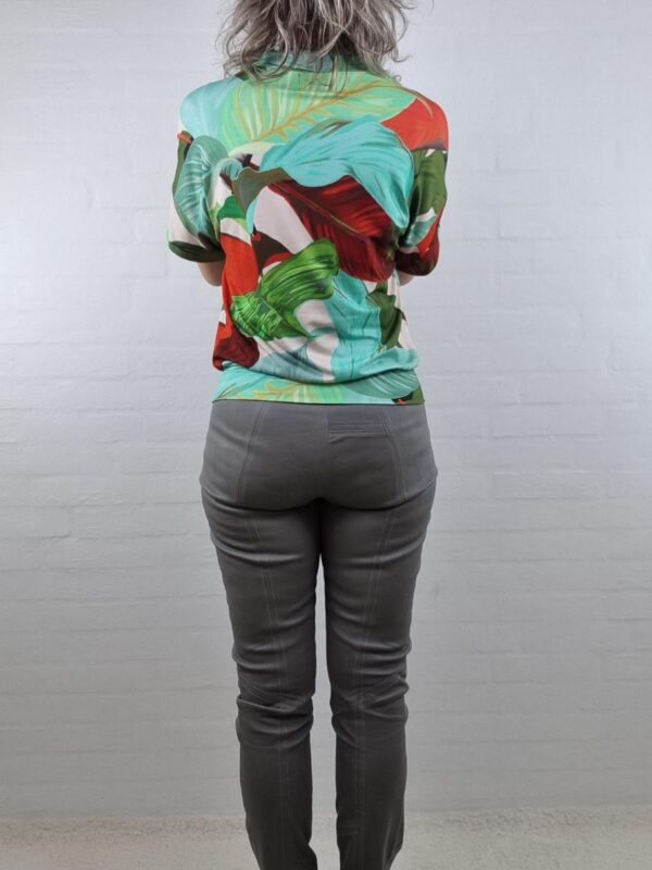 Tyrkisgrøn rød jersey bluse m bladprint