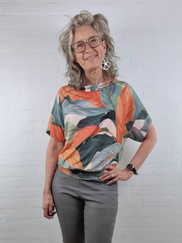 Orange grøn jersey bluse med bladprint