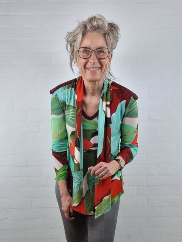 Tyrkisgrøn rød jersey bluse m bindebånd