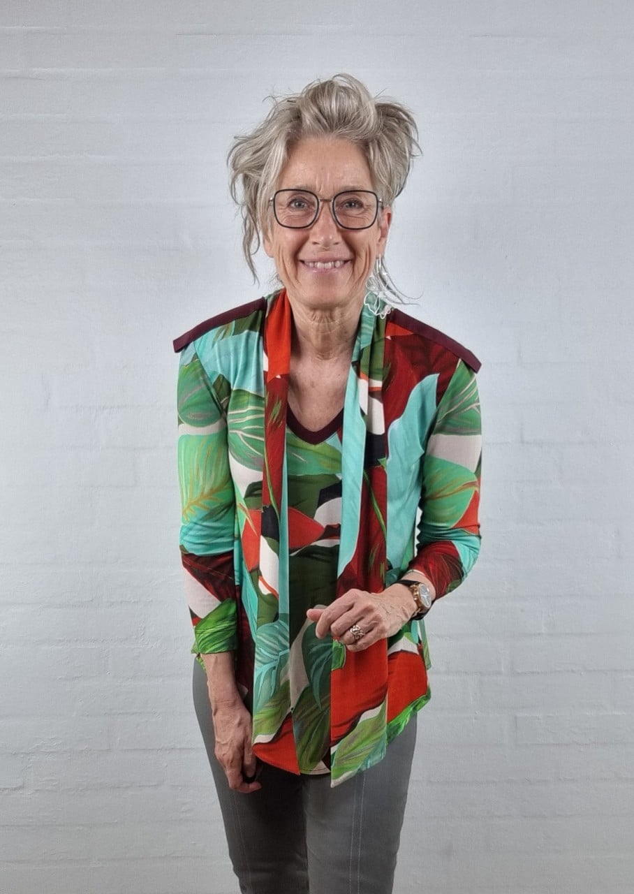 Tyrkisgrøn rød jersey bluse m bindebånd