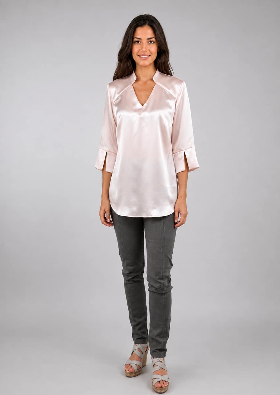 Nude silkebluse med V-udskæring - Billede 7