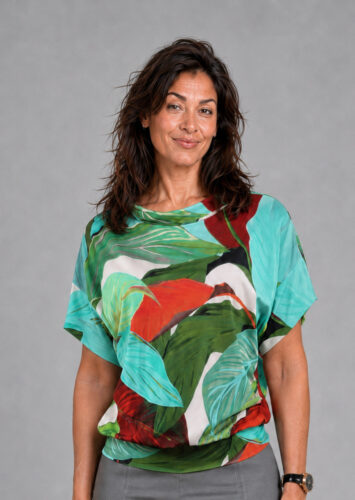 Tyrkisgrøn rød jersey bluse m bladprint