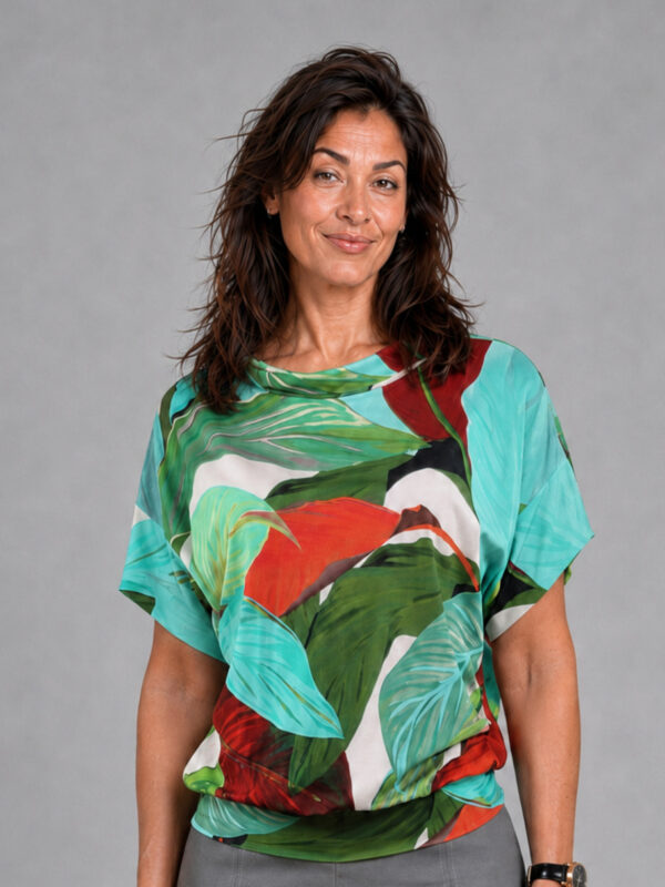 Tyrkisgrøn rød jersey bluse m bladprint