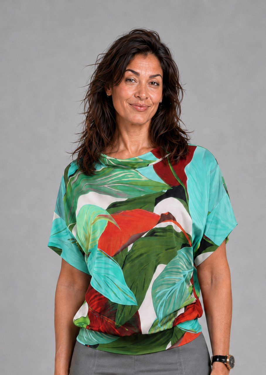 Tyrkisgrøn rød jersey bluse m bladprint