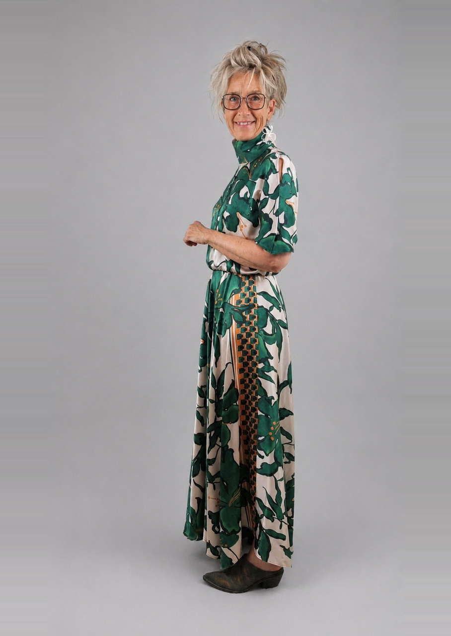 Silkekjole med blomster og vidde - Billede 3