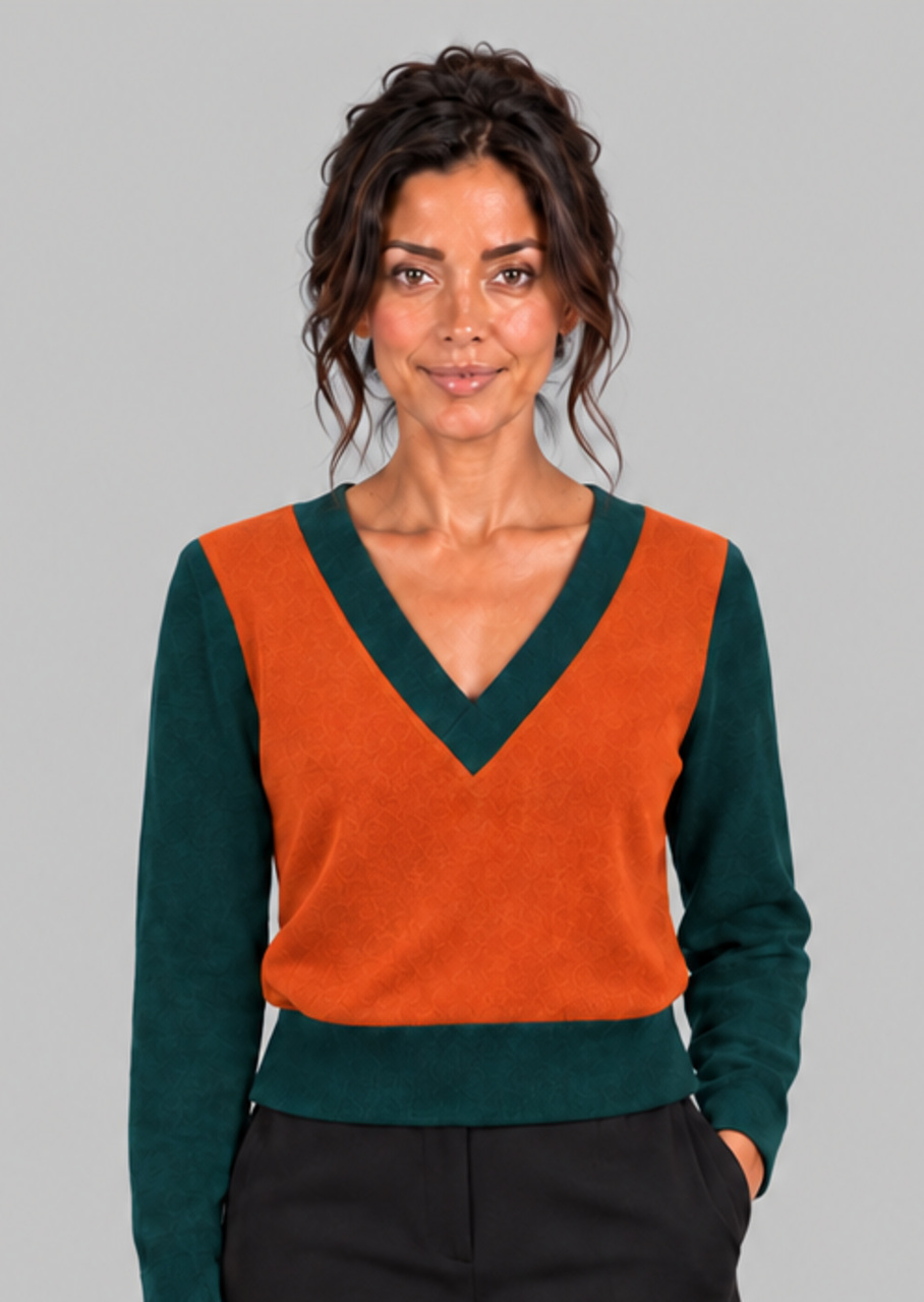 Uldbluse med V-hals i orange/flaskegrøn
