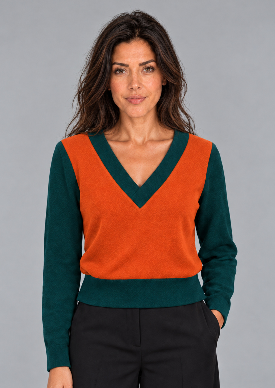 Uldbluse med V-hals i orange/flaskegrøn